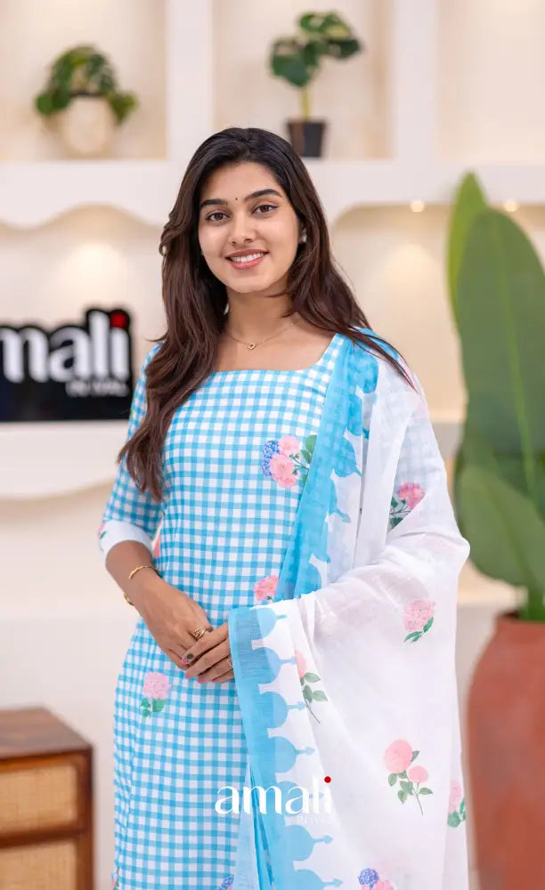 White and Sky Blue Cotton Salwar Set - salwar