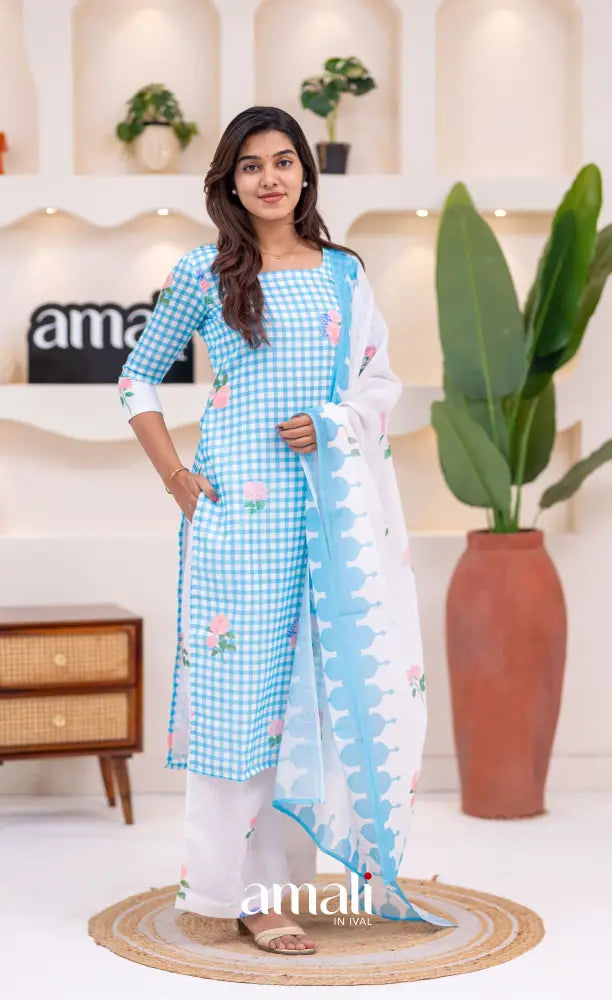 White and Sky Blue Cotton Salwar Set - salwar