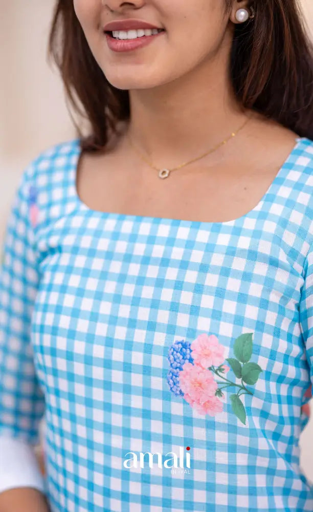 White and Sky Blue Cotton Salwar Set - salwar