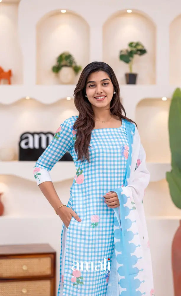 White and Sky Blue Cotton Salwar Set - salwar