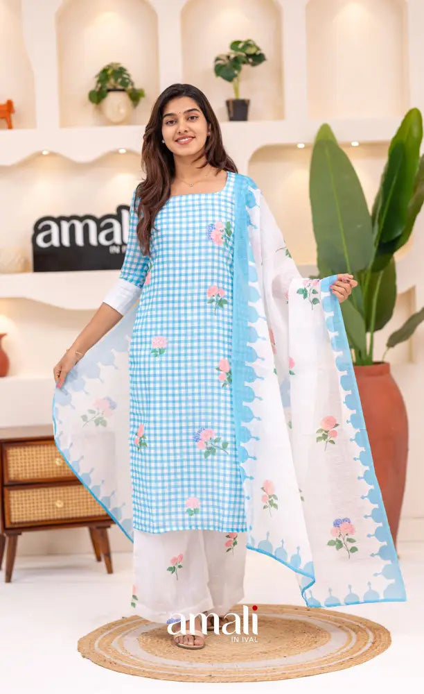 White and Sky Blue Cotton Salwar Set - salwar