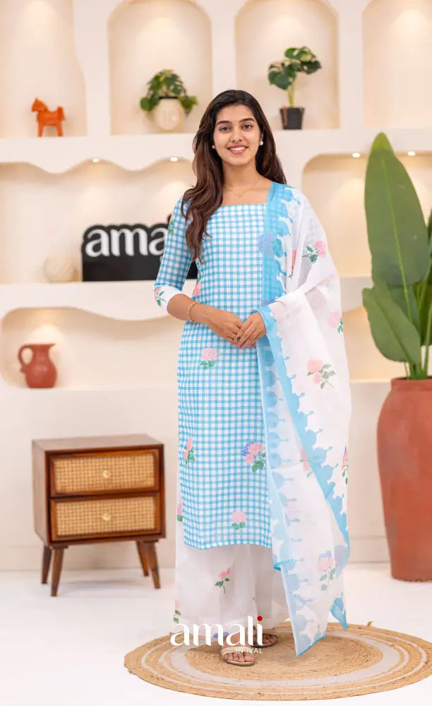 White and Sky Blue Cotton Salwar Set - salwar