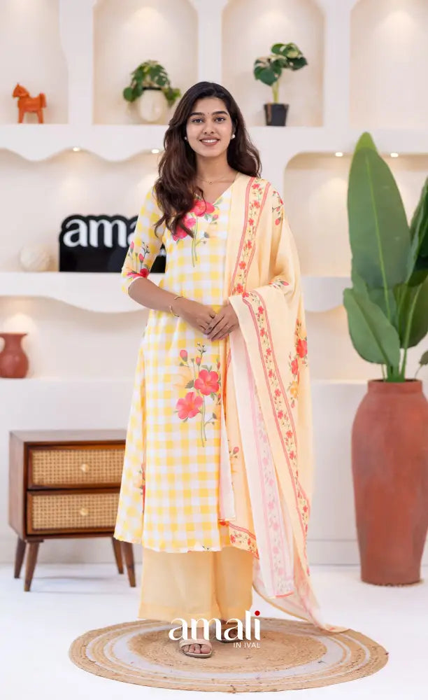 White and Yellow Mul Cotton Salwar Set - salwar