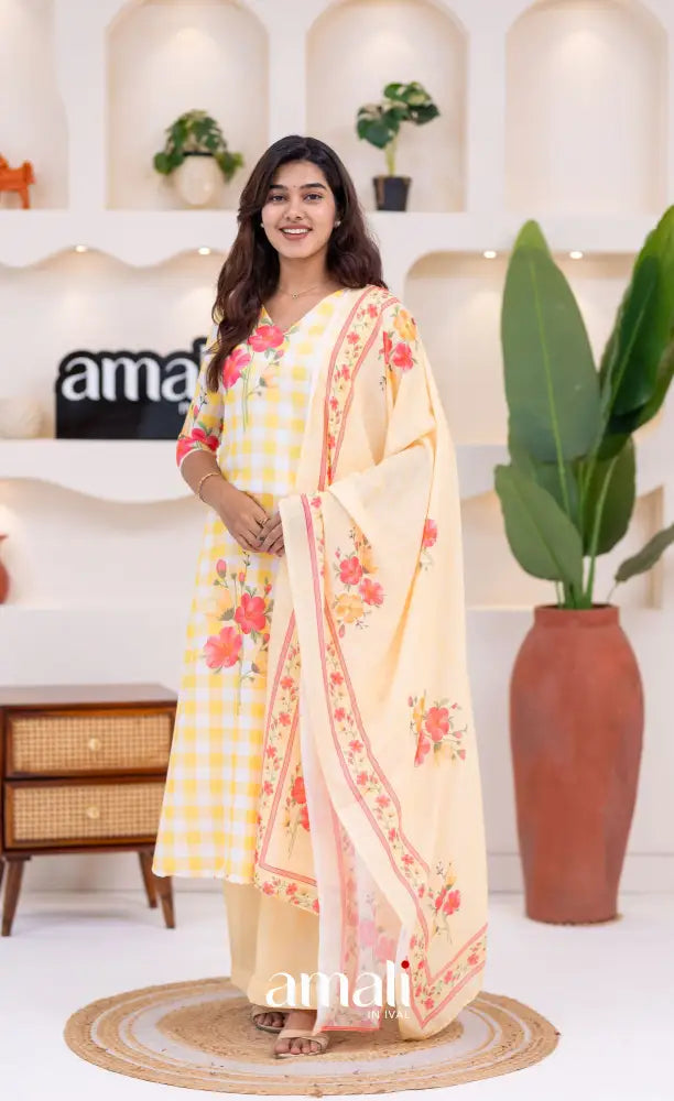 White and Yellow Mul Cotton Salwar Set - salwar