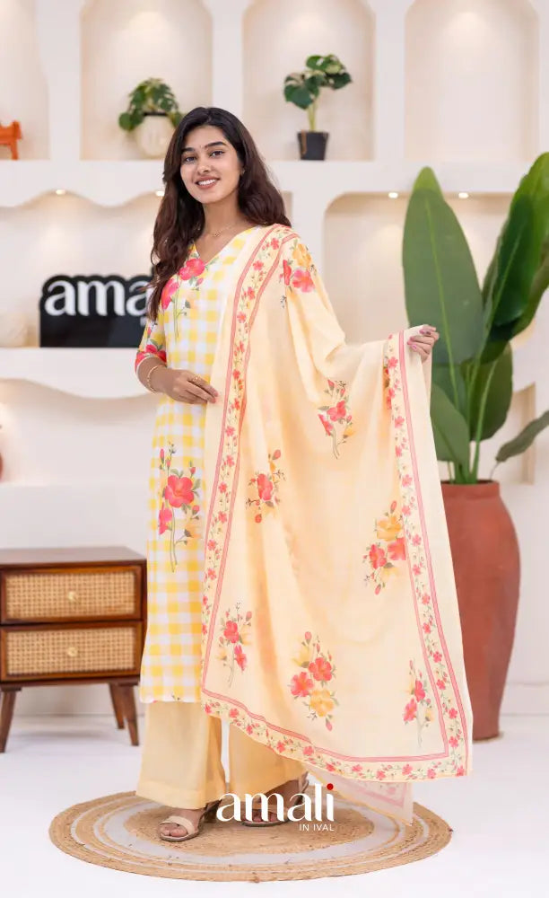 White and Yellow Mul Cotton Salwar Set - salwar