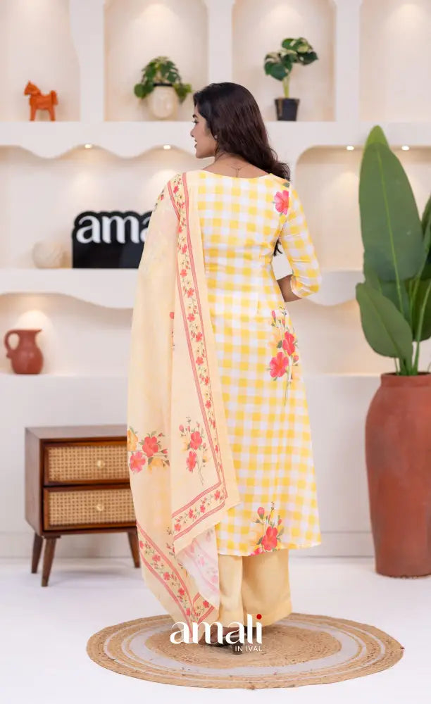 White and Yellow Mul Cotton Salwar Set - salwar