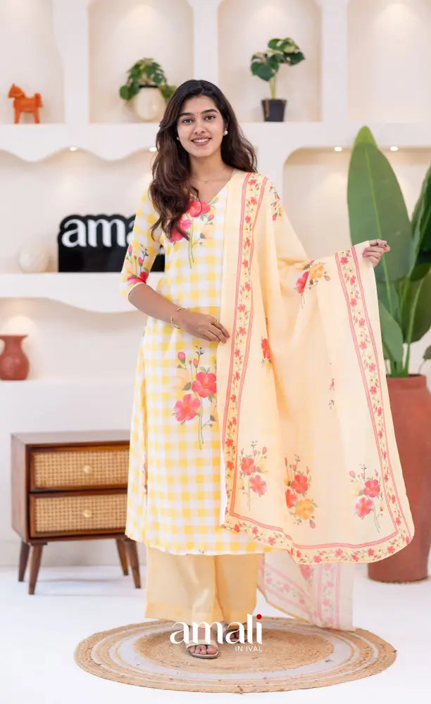 White and Yellow Mul Cotton Salwar Set - salwar