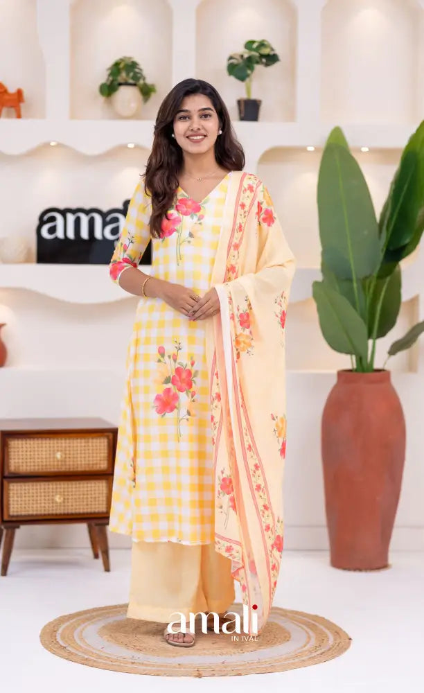White and Yellow Mul Cotton Salwar Set - salwar