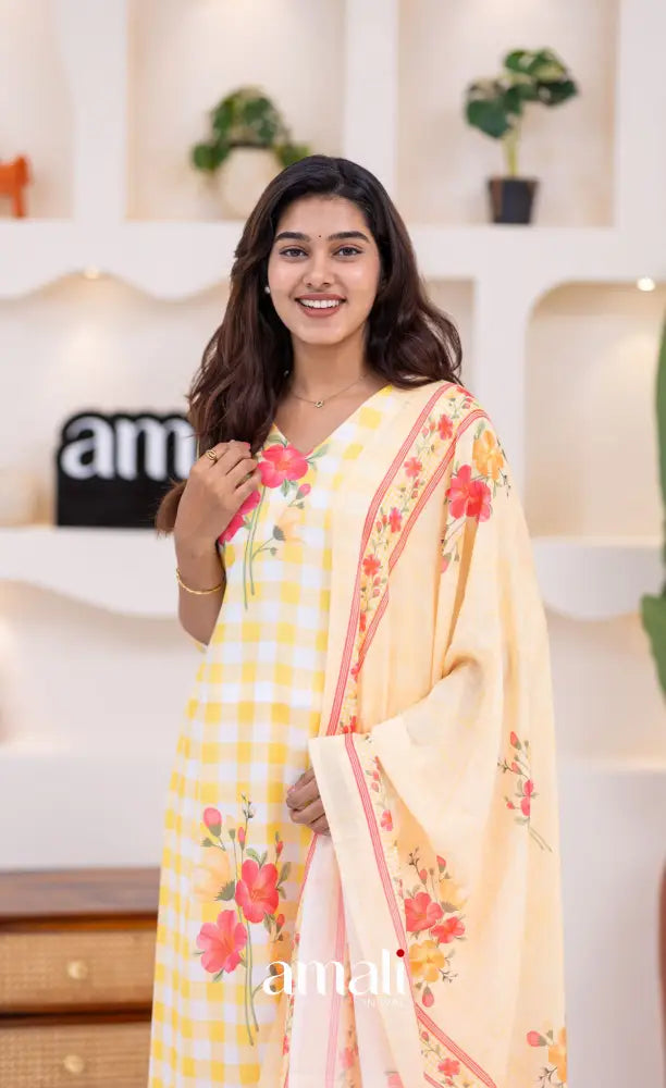 White and Yellow Mul Cotton Salwar Set - salwar