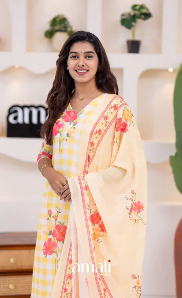 White and Yellow Mul Cotton Salwar Set - salwar
