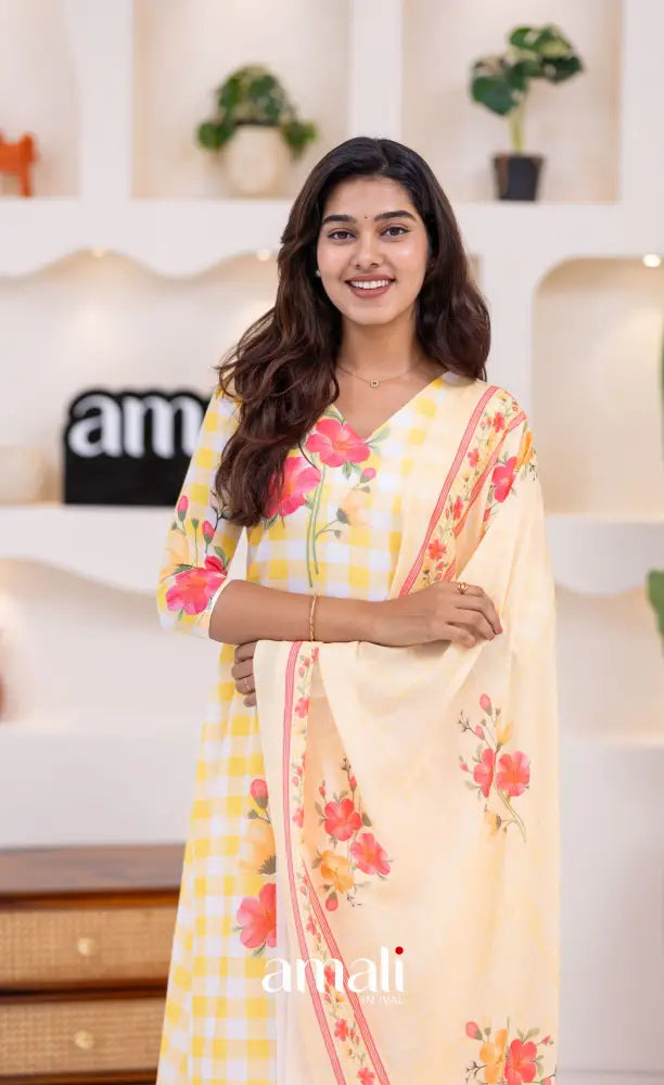 White and Yellow Mul Cotton Salwar Set - salwar