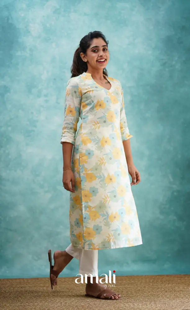 White Semi Linen Kurti Co-ord sets