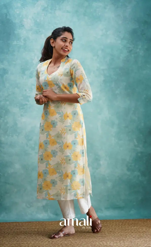 White Semi Linen Kurti Co-ord sets