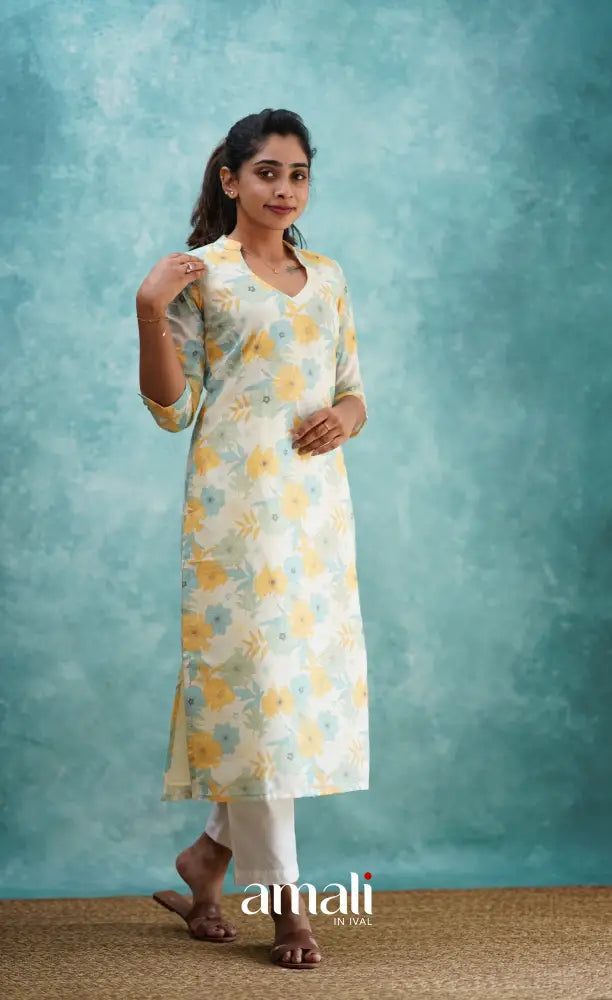 White Semi Linen Kurti Co-ord sets