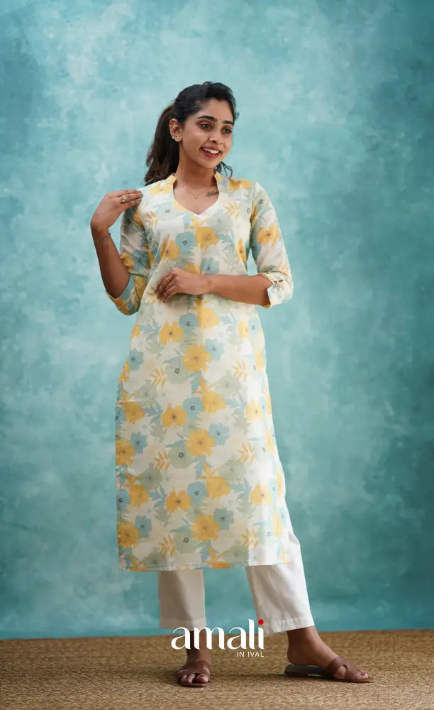 White Semi Linen Kurti Co-ord sets