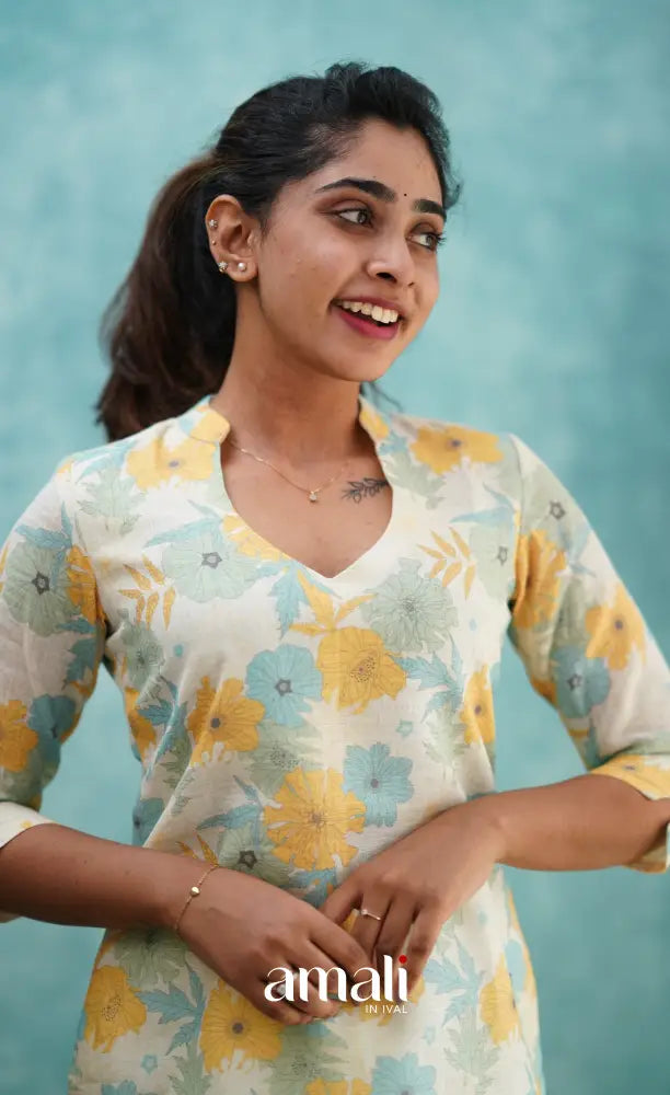 White Semi Linen Kurti Co-ord sets