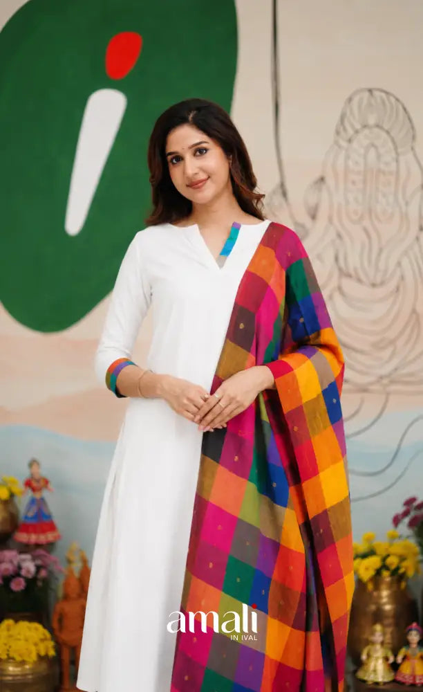 White with Multi-Colour Madras Checks A-line Salwar Set - salwar
