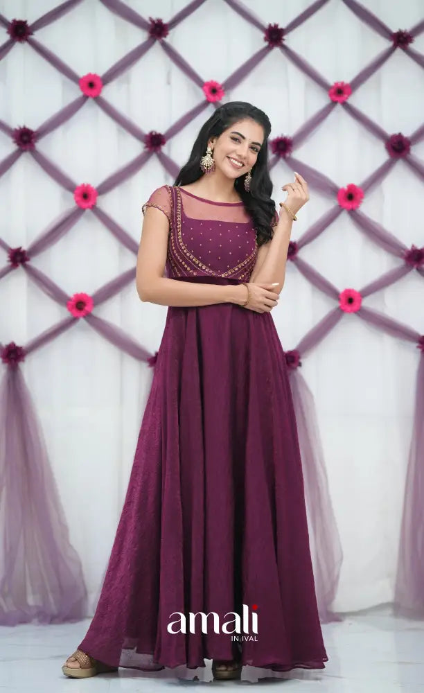 Wine Aari Handworked Anarkali Anarkalis