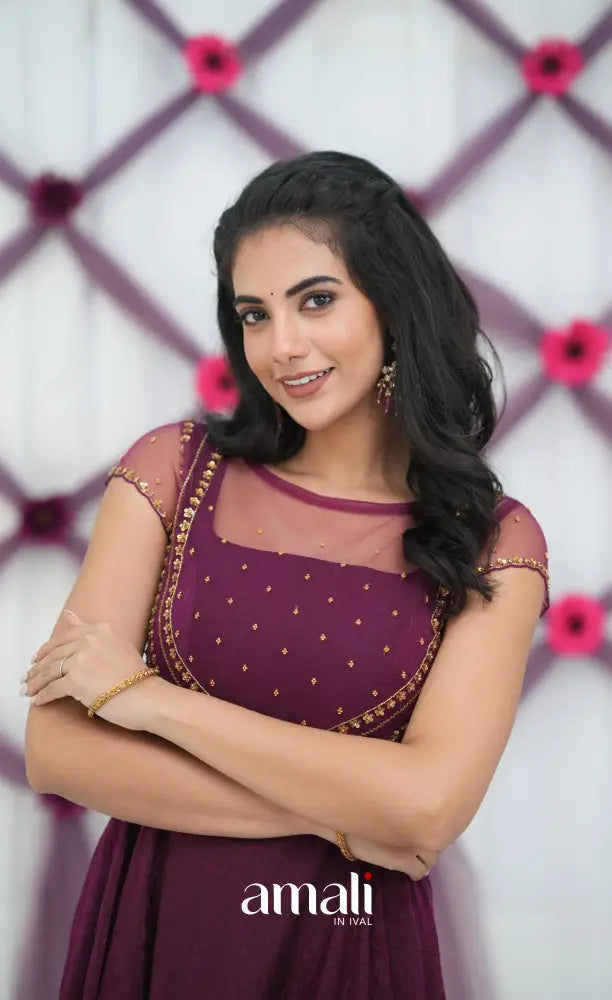 Wine Aari Handworked Anarkali Anarkalis