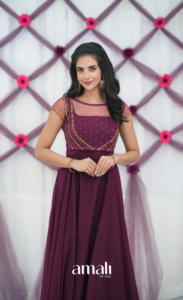 Wine Aari Handworked Anarkali Anarkalis