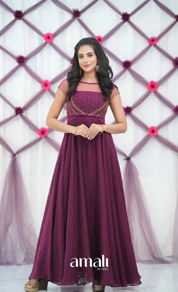 Wine Aari Handworked Anarkali Anarkalis