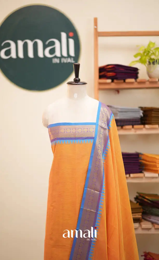 Yellow and Light Blue Chettinad Cotton Unstitched Salwar Set - salwar