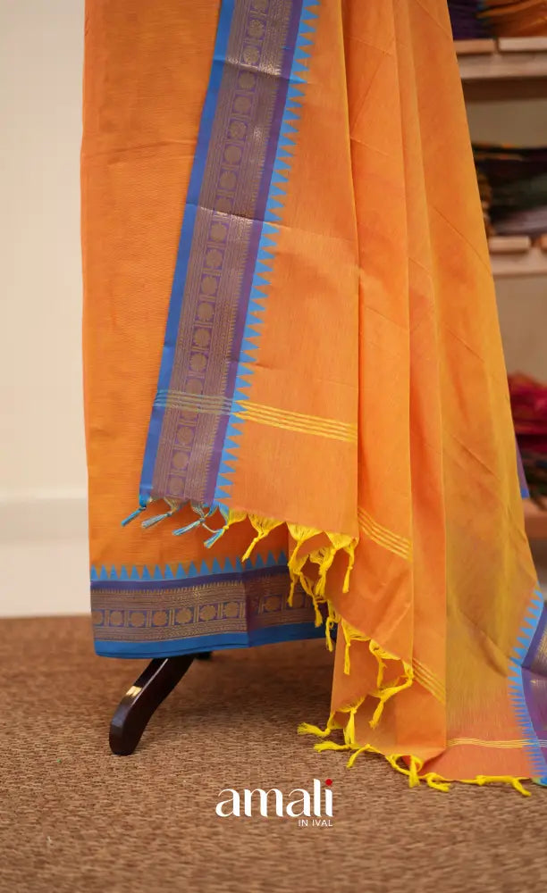 Yellow and Light Blue Chettinad Cotton Unstitched Salwar Set - salwar