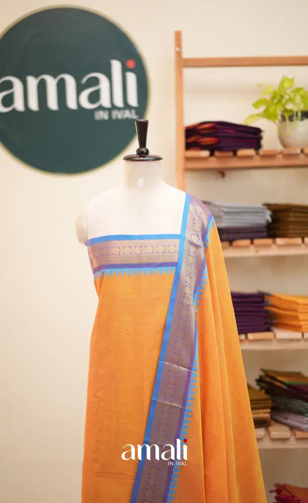 Yellow and Light Blue Chettinad Cotton Unstitched Salwar Set - salwar