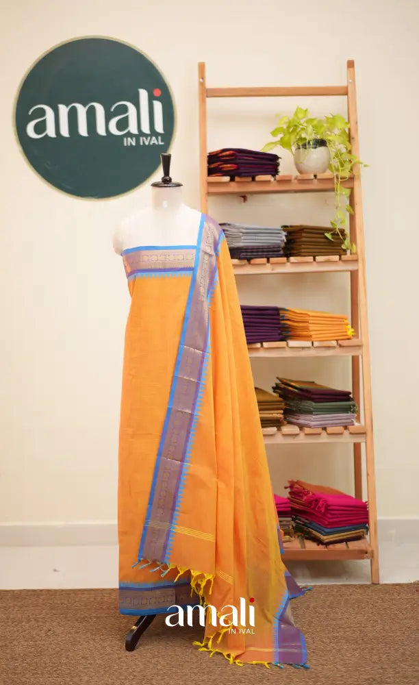 Yellow and Light Blue Chettinad Cotton Unstitched Salwar Set - salwar