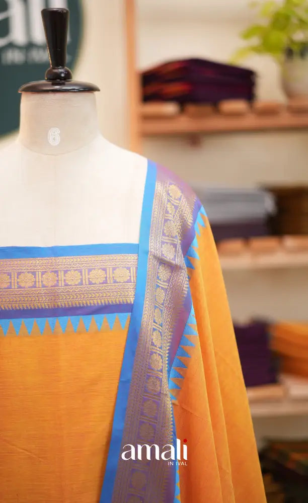 Yellow and Light Blue Chettinad Cotton Unstitched Salwar Set - salwar