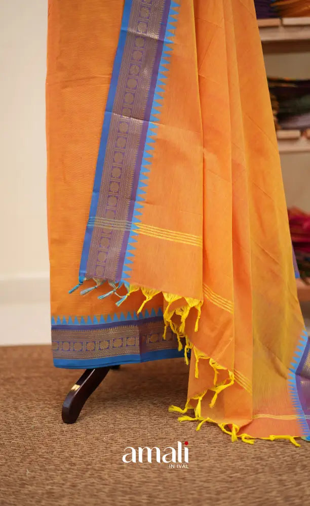 Yellow and Light Blue Chettinad Cotton Unstitched Salwar Set - salwar