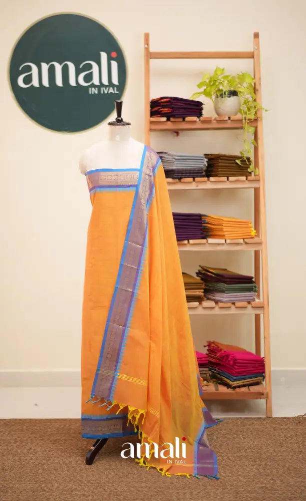 Yellow and Light Blue Chettinad Cotton Unstitched Salwar Set - salwar