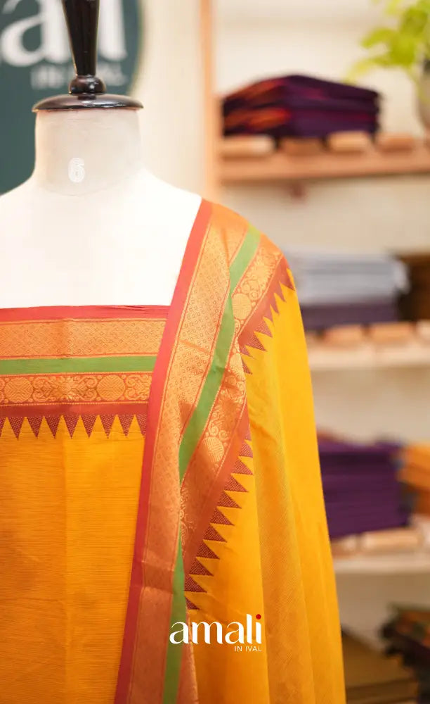 Yellow and Maroon Chettinad Cotton Unstitched Salwar Set - salwar