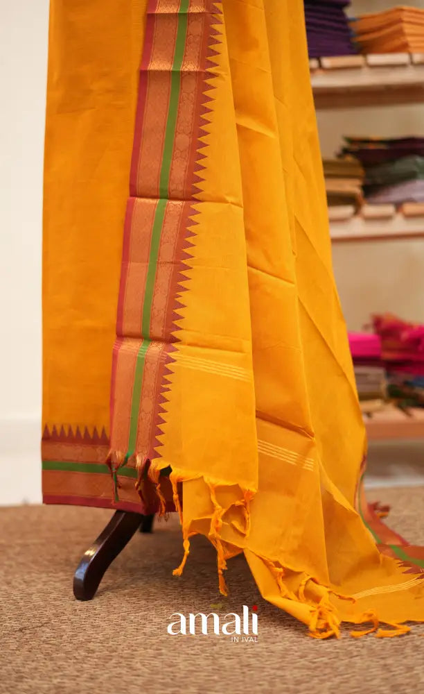 Yellow and Maroon Chettinad Cotton Unstitched Salwar Set - salwar