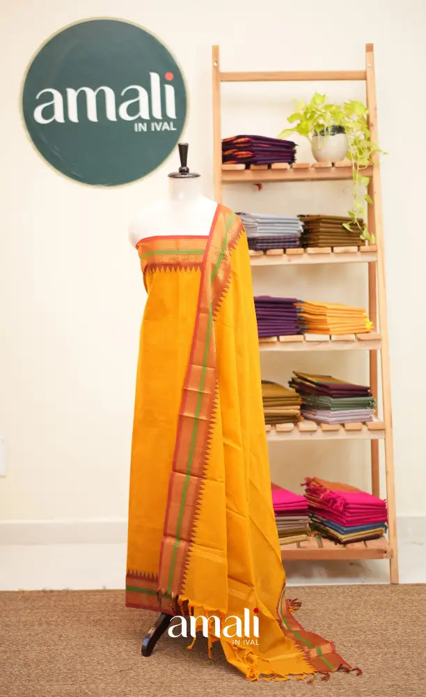 Yellow and Maroon Chettinad Cotton Unstitched Salwar Set - salwar