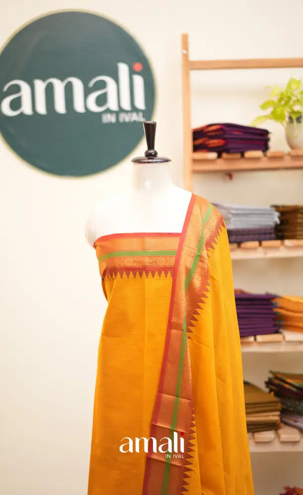 Yellow and Maroon Chettinad Cotton Unstitched Salwar Set - salwar