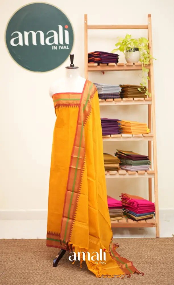 Yellow and Maroon Chettinad Cotton Unstitched Salwar Set - salwar