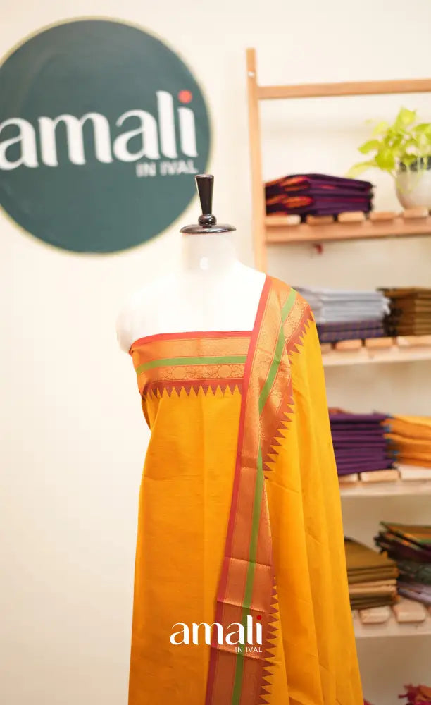 Yellow and Maroon Chettinad Cotton Unstitched Salwar Set - salwar
