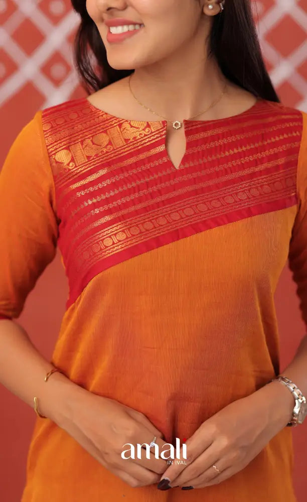 Yellowish orange with Maroon Chettinad Cotton Salwar - salwar