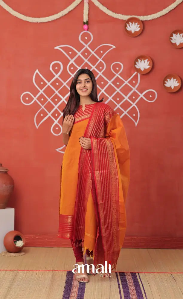 Yellowish orange with Maroon Chettinad Cotton Salwar - salwar