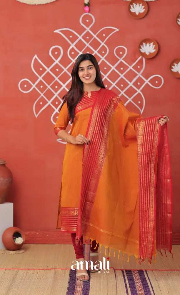 Yellowish orange with Maroon Chettinad Cotton Salwar - salwar