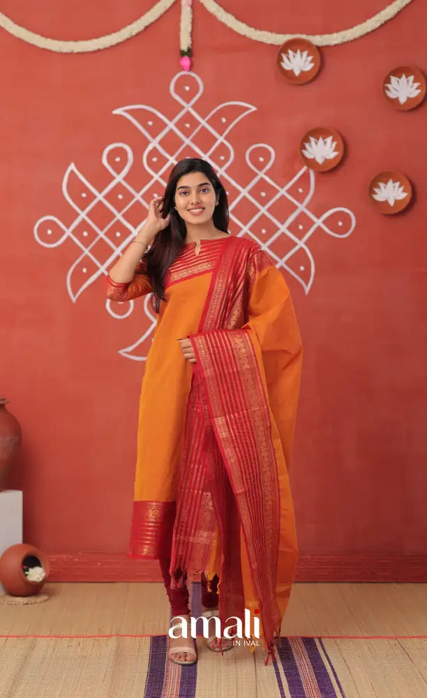 Yellowish orange with Maroon Chettinad Cotton Salwar - salwar