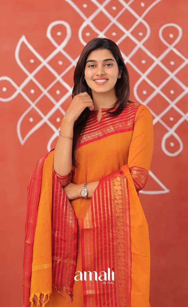 Yellowish orange with Maroon Chettinad Cotton Salwar - salwar