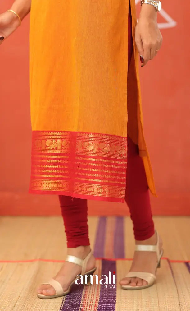 Yellowish orange with Maroon Chettinad Cotton Salwar - salwar