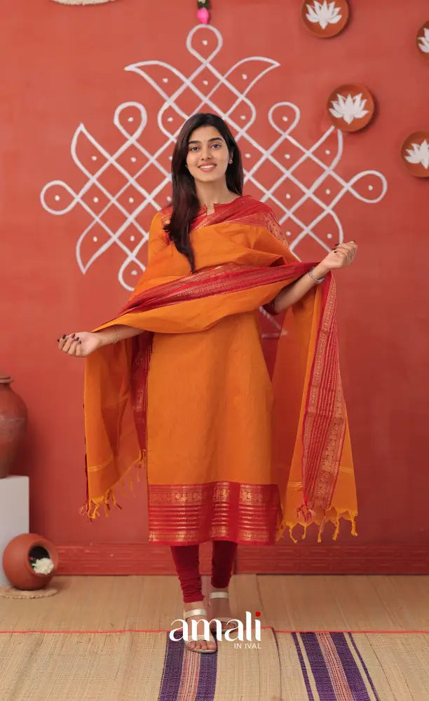 Yellowish orange with Maroon Chettinad Cotton Salwar - salwar