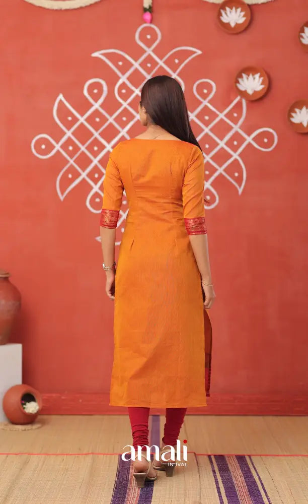 Yellowish orange with Maroon Chettinad Cotton Salwar - salwar
